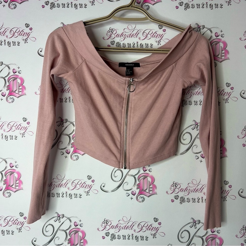 Forever 21 Pink Off-Shoulder Zip-Up Top crop long sleeve
